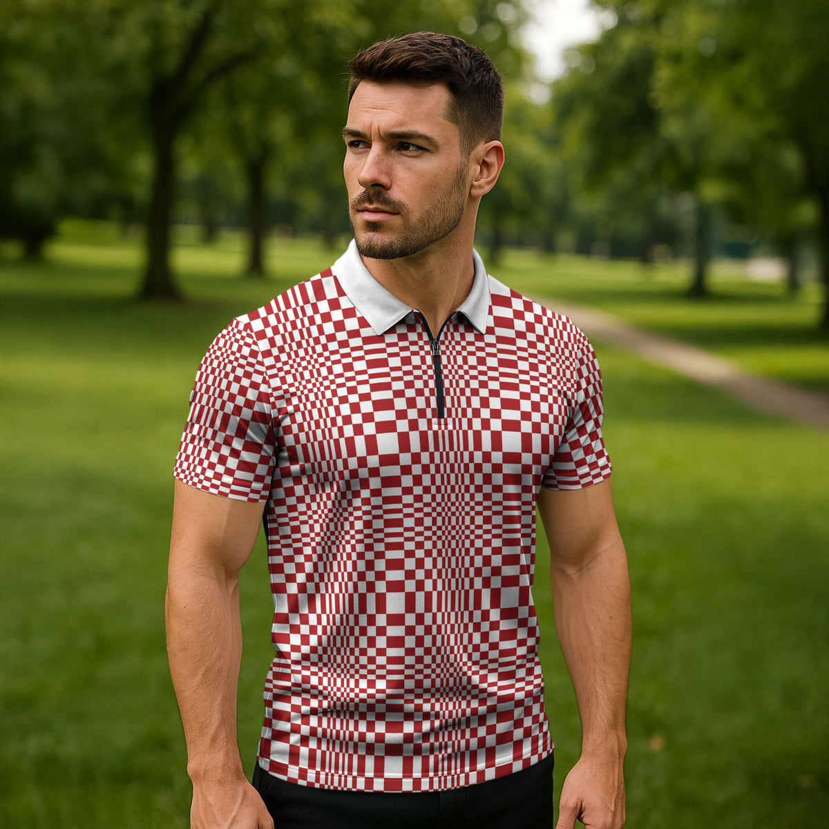 Red White Filipino Binakol Motifs Zipper Polo Shirt Mabuhay Philippines Festival Kusikus Pattern