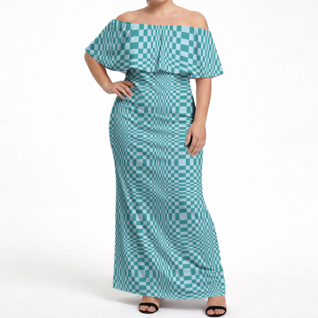 Cyan Filipino Binakol Motifs Off Shoulder Maxi Dress Mabuhay Philippines Festival Kusikus Pattern