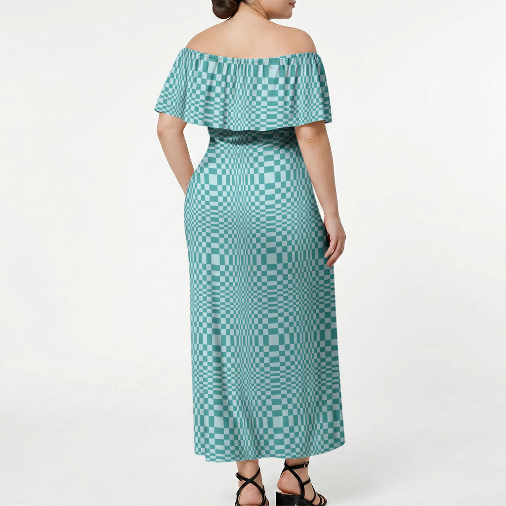 Cyan Filipino Binakol Motifs Off Shoulder Maxi Dress Mabuhay Philippines Festival Kusikus Pattern