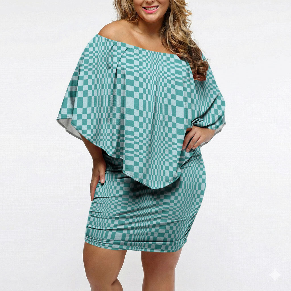 Cyan Filipino Binakol Motifs Off Shoulder Short Dress Mabuhay Philippines Festival Kusikus Pattern