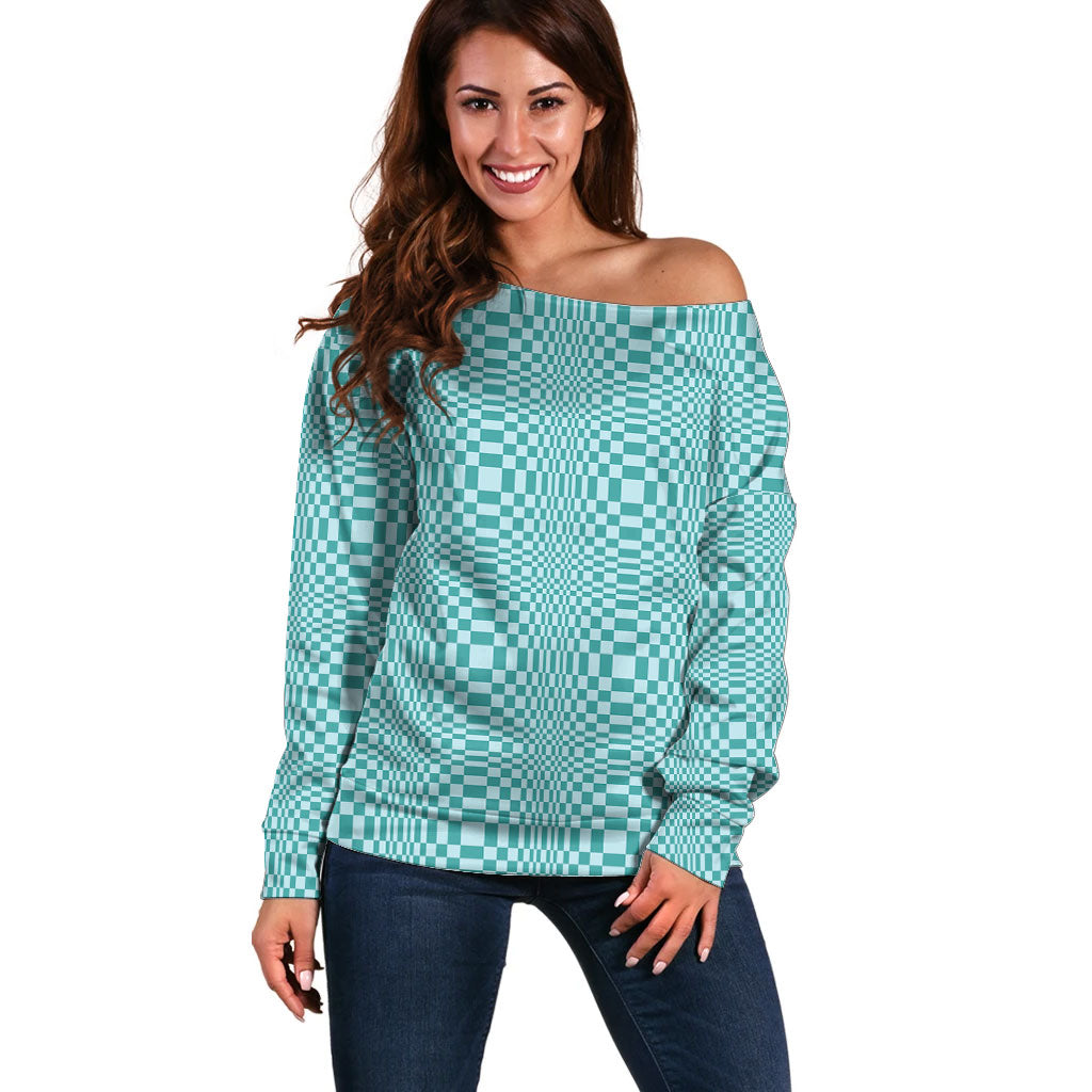 Cyan Filipino Binakol Motifs Off Shoulder Sweater Mabuhay Philippines Festival Kusikus Pattern