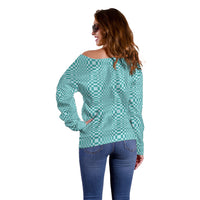 Cyan Filipino Binakol Motifs Off Shoulder Sweater Mabuhay Philippines Festival Kusikus Pattern