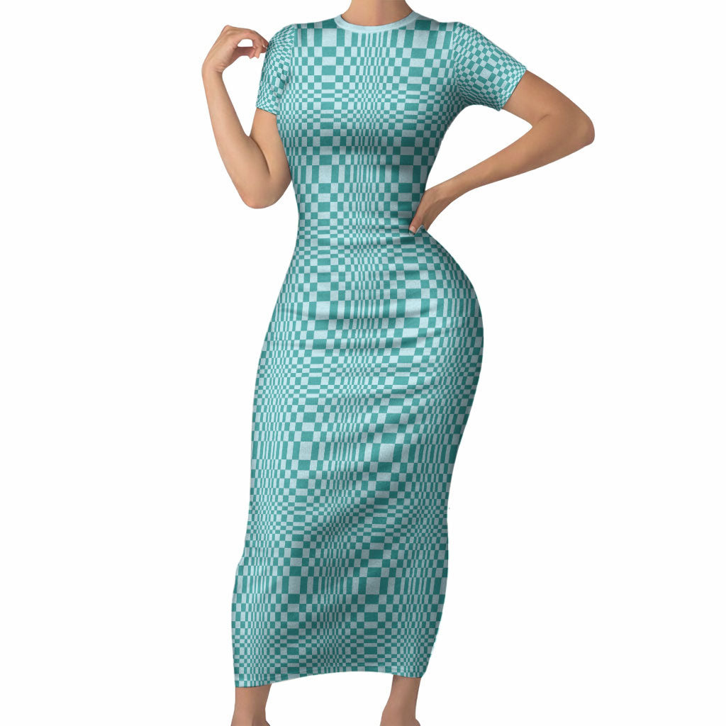 Cyan Filipino Binakol Motifs Short Sleeve Bodycon Dress Mabuhay Philippines Festival Kusikus Pattern