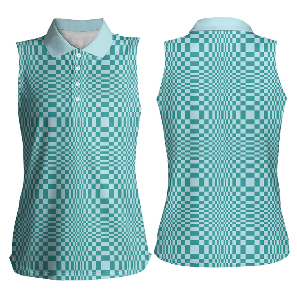 Cyan Filipino Binakol Motifs Women Sleeveless Polo Shirt Mabuhay Philippines Festival Kusikus Pattern