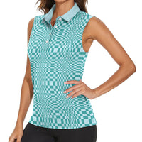 Cyan Filipino Binakol Motifs Women Sleeveless Polo Shirt Mabuhay Philippines Festival Kusikus Pattern