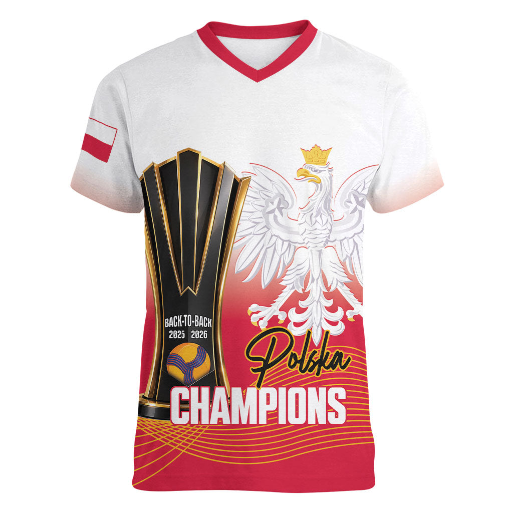 Personalised Poland Volleyball 2026 Women V-Neck T-Shirt Polska Back To Back Champions