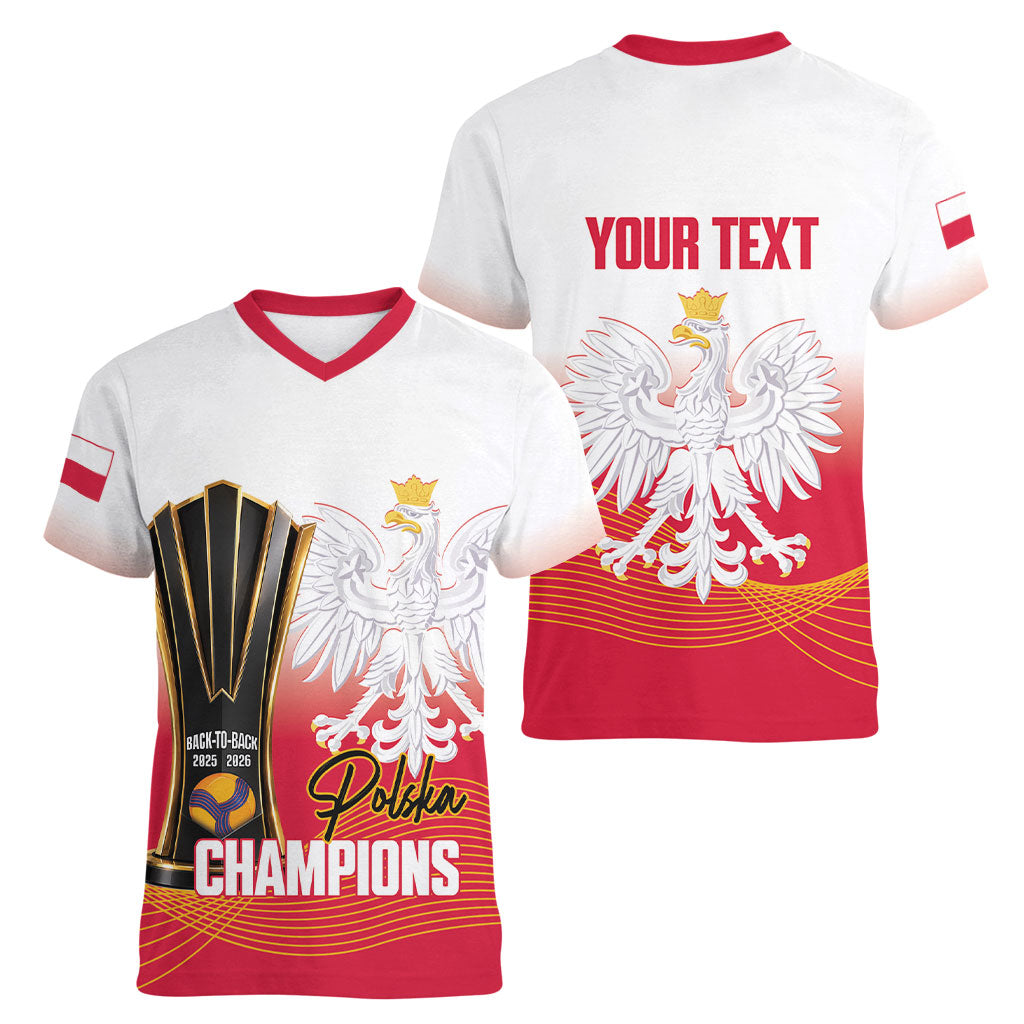 Personalised Poland Volleyball 2026 Women V-Neck T-Shirt Polska Back To Back Champions