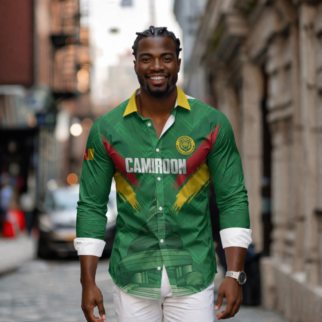 Cameroon Football Custom Long Sleeve Button Shirt Reunification Monument Les Lionnes Indomptables
