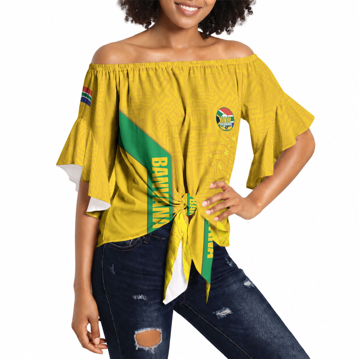 South Africa Soccer Custom Off Shoulder Wrap Waist Top Banyana Banyana Protea Yellow Version