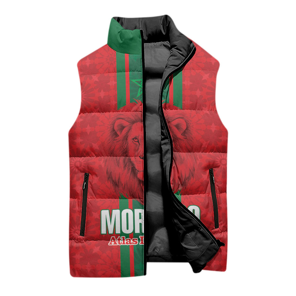 Morocco Football Custom Sleeveless Puffer Jacket Atlas Lionesses Moroccan Folk Pattern