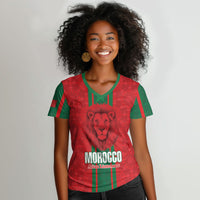Morocco Football Custom Women V-Neck T-Shirt Atlas Lionesses Moroccan Folk Pattern