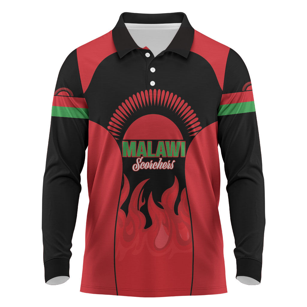 Malawi Football Custom Long Sleeve Polo Shirt Red Rising Sun Go Scorchers
