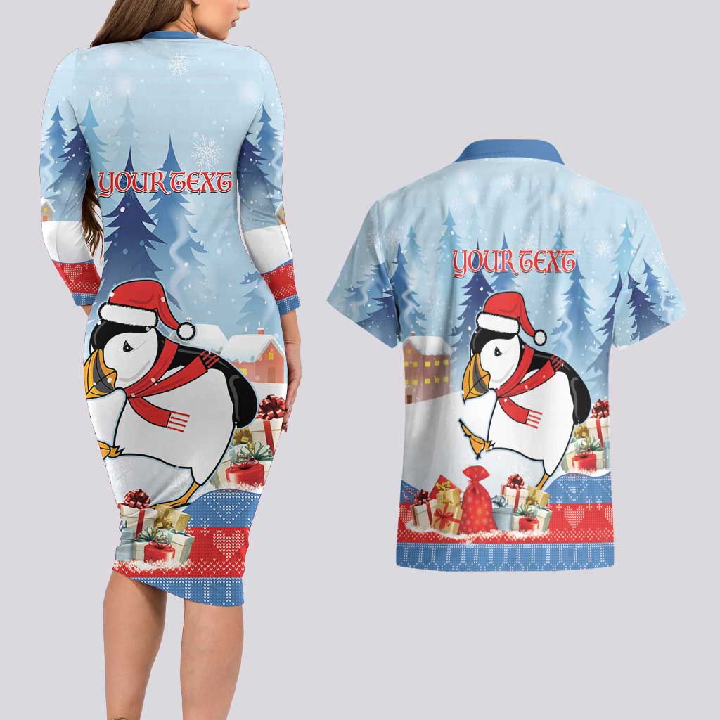 Personalised Puffin Iceland Christmas Couples Matching Long Sleeve Bodycon Dress and Hawaiian Shirt Merry Xmas Winter Vibes - Wonder Print Shop