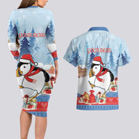 Personalised Puffin Iceland Christmas Couples Matching Long Sleeve Bodycon Dress and Hawaiian Shirt Merry Xmas Winter Vibes - Wonder Print Shop