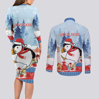 Personalised Puffin Iceland Christmas Couples Matching Long Sleeve Bodycon Dress and Long Sleeve Button Shirt Merry Xmas Winter Vibes - Wonder Print Shop