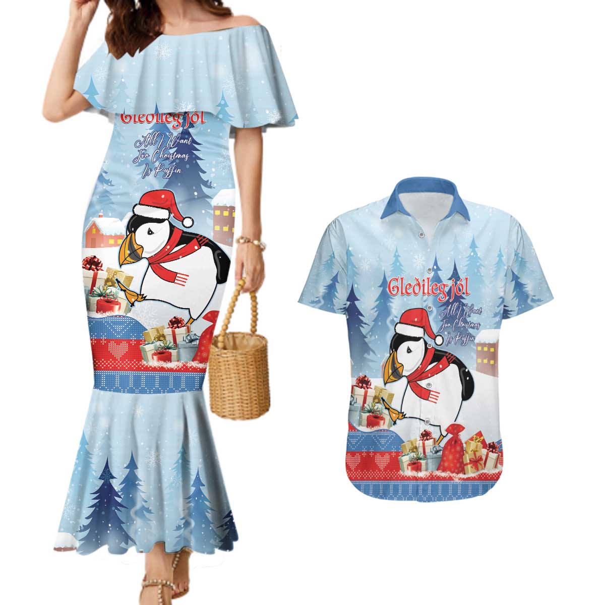 Personalised Puffin Iceland Christmas Couples Matching Mermaid Dress and Hawaiian Shirt Merry Xmas Winter Vibes - Wonder Print Shop