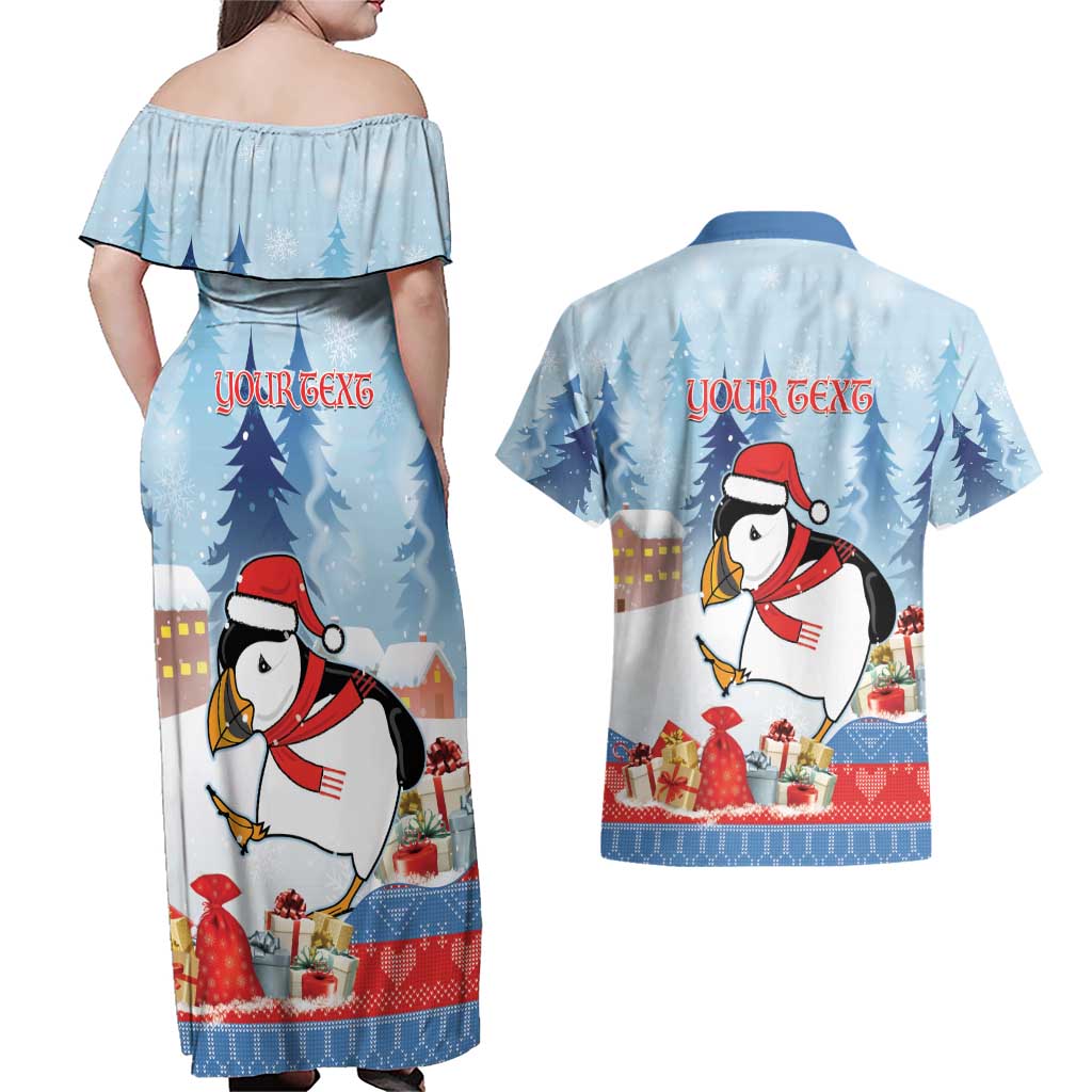 Personalised Puffin Iceland Christmas Couples Matching Off Shoulder Maxi Dress and Hawaiian Shirt Merry Xmas Winter Vibes - Wonder Print Shop