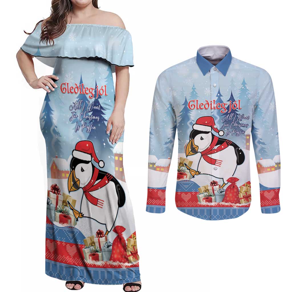 Personalised Puffin Iceland Christmas Couples Matching Off Shoulder Maxi Dress and Long Sleeve Button Shirt Merry Xmas Winter Vibes - Wonder Print Shop