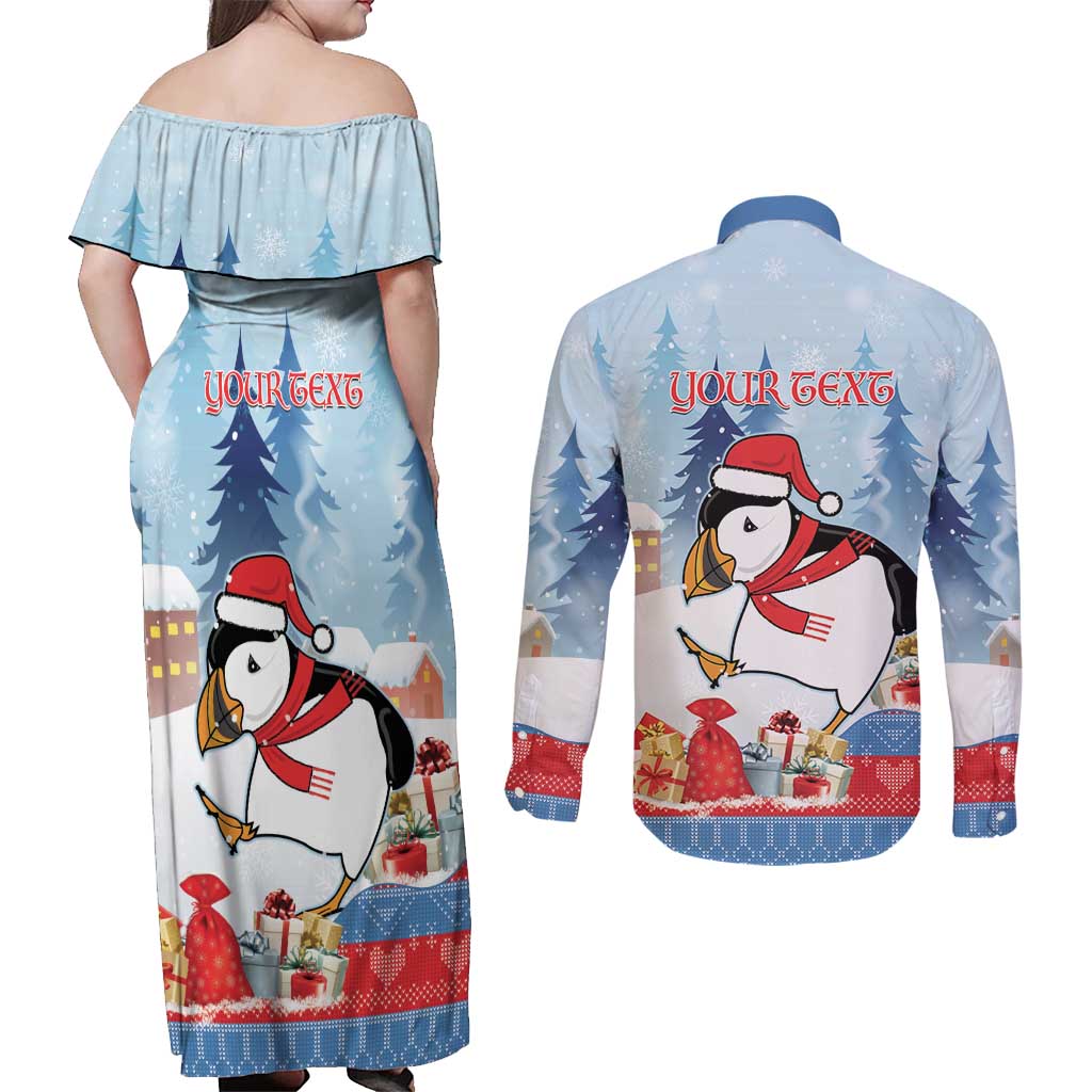 Personalised Puffin Iceland Christmas Couples Matching Off Shoulder Maxi Dress and Long Sleeve Button Shirt Merry Xmas Winter Vibes - Wonder Print Shop
