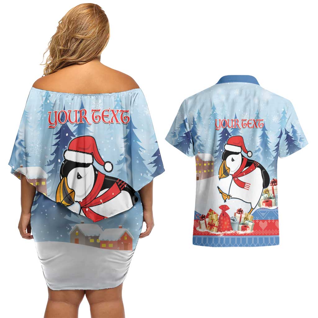 Personalised Puffin Iceland Christmas Couples Matching Off Shoulder Short Dress and Hawaiian Shirt Merry Xmas Winter Vibes - Wonder Print Shop
