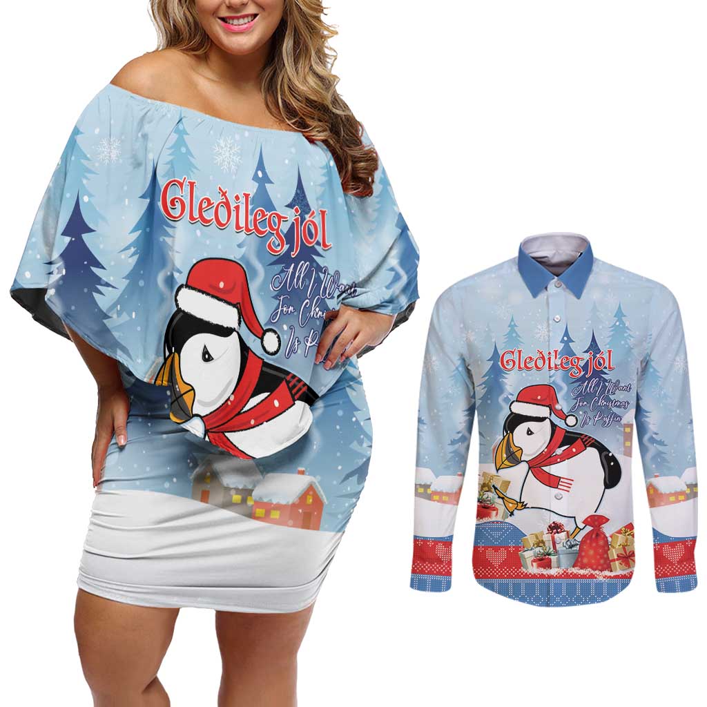 Personalised Puffin Iceland Christmas Couples Matching Off Shoulder Short Dress and Long Sleeve Button Shirt Merry Xmas Winter Vibes - Wonder Print Shop