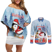 Personalised Puffin Iceland Christmas Couples Matching Off Shoulder Short Dress and Long Sleeve Button Shirt Merry Xmas Winter Vibes - Wonder Print Shop
