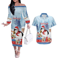 Personalised Puffin Iceland Christmas Couples Matching Off The Shoulder Long Sleeve Dress and Hawaiian Shirt Merry Xmas Winter Vibes - Wonder Print Shop
