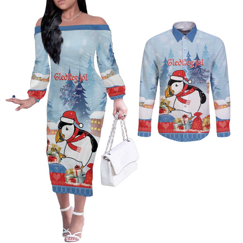 Personalised Puffin Iceland Christmas Couples Matching Off The Shoulder Long Sleeve Dress and Long Sleeve Button Shirt Merry Xmas Winter Vibes - Wonder Print Shop