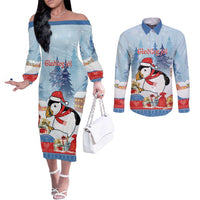 Personalised Puffin Iceland Christmas Couples Matching Off The Shoulder Long Sleeve Dress and Long Sleeve Button Shirt Merry Xmas Winter Vibes - Wonder Print Shop