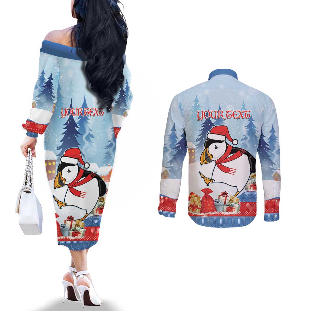Personalised Puffin Iceland Christmas Couples Matching Off The Shoulder Long Sleeve Dress and Long Sleeve Button Shirt Merry Xmas Winter Vibes - Wonder Print Shop