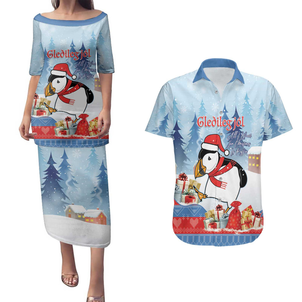 Personalised Puffin Iceland Christmas Couples Matching Puletasi and Hawaiian Shirt Merry Xmas Winter Vibes - Wonder Print Shop