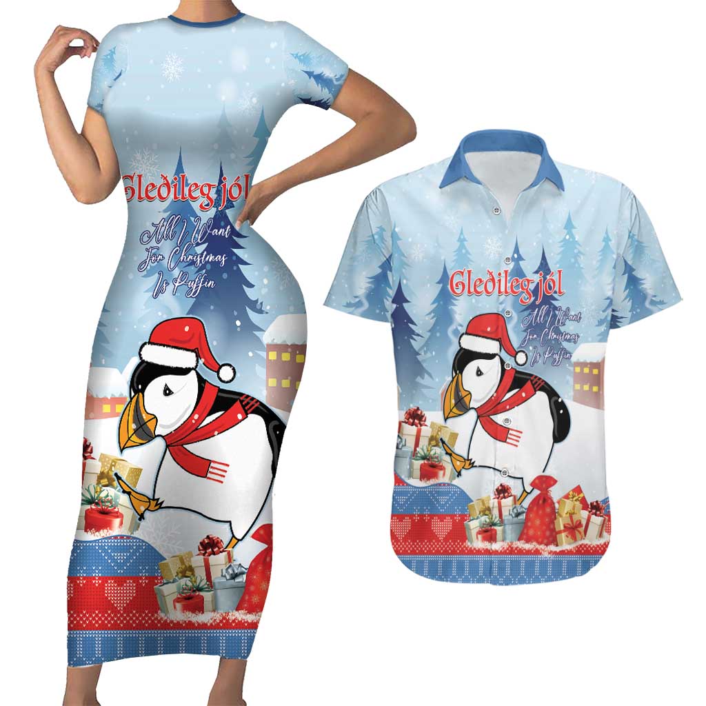 Personalised Puffin Iceland Christmas Couples Matching Short Sleeve Bodycon Dress and Hawaiian Shirt Merry Xmas Winter Vibes - Wonder Print Shop