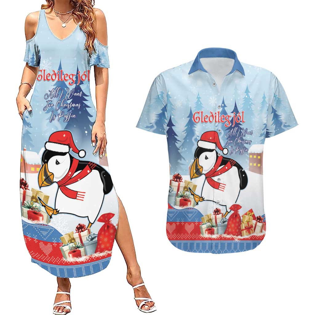 Personalised Puffin Iceland Christmas Couples Matching Summer Maxi Dress and Hawaiian Shirt Merry Xmas Winter Vibes - Wonder Print Shop
