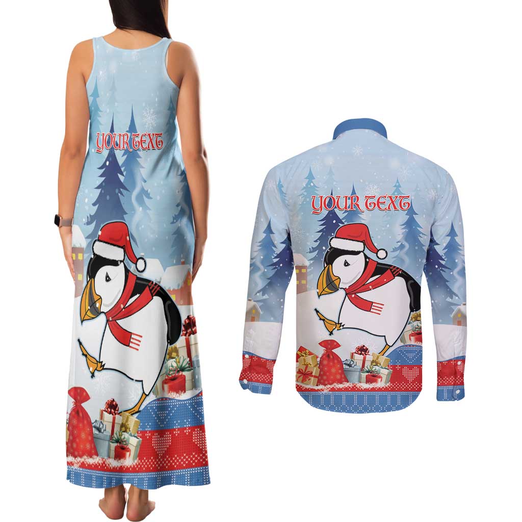 Personalised Puffin Iceland Christmas Couples Matching Tank Maxi Dress and Long Sleeve Button Shirt Merry Xmas Winter Vibes - Wonder Print Shop