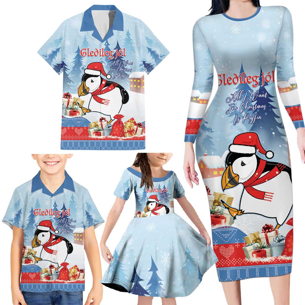 Personalised Puffin Iceland Christmas Family Matching Long Sleeve Bodycon Dress and Hawaiian Shirt Merry Xmas Winter Vibes - Wonder Print Shop