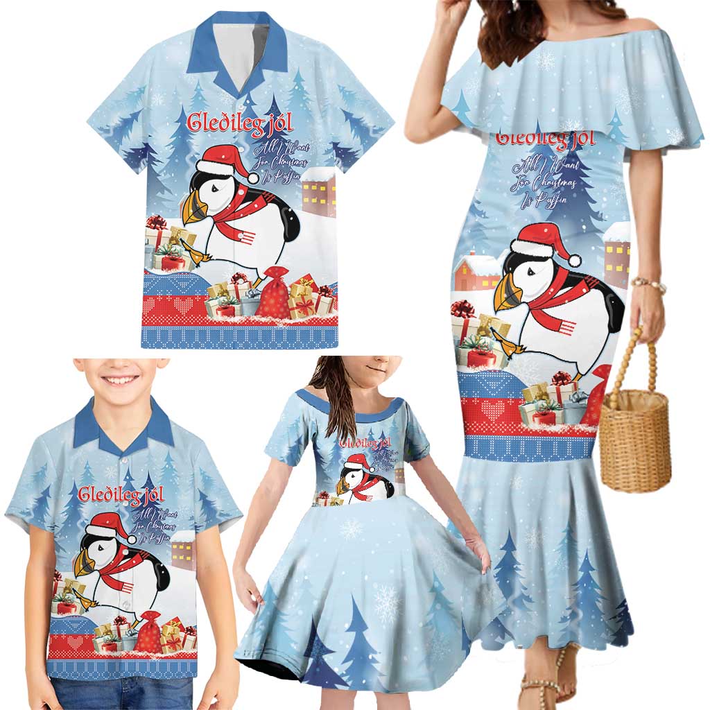 Personalised Puffin Iceland Christmas Family Matching Mermaid Dress and Hawaiian Shirt Merry Xmas Winter Vibes - Wonder Print Shop
