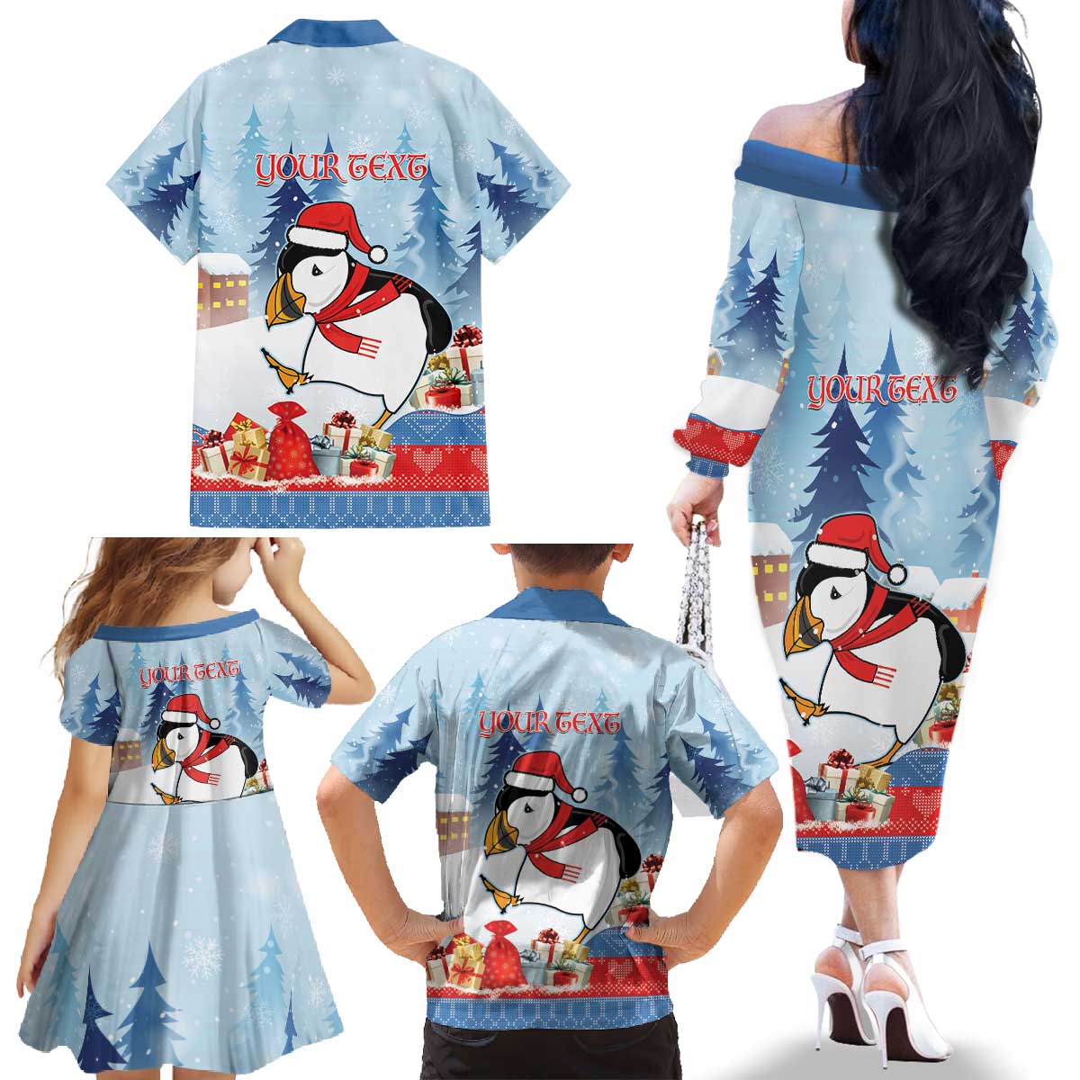 Personalised Puffin Iceland Christmas Family Matching Off The Shoulder Long Sleeve Dress and Hawaiian Shirt Merry Xmas Winter Vibes - Wonder Print Shop