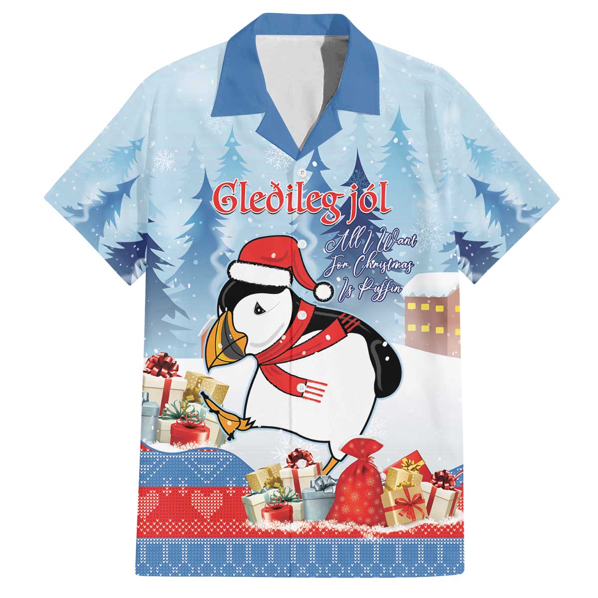 Personalised Puffin Iceland Christmas Family Matching Off The Shoulder Long Sleeve Dress and Hawaiian Shirt Merry Xmas Winter Vibes - Wonder Print Shop