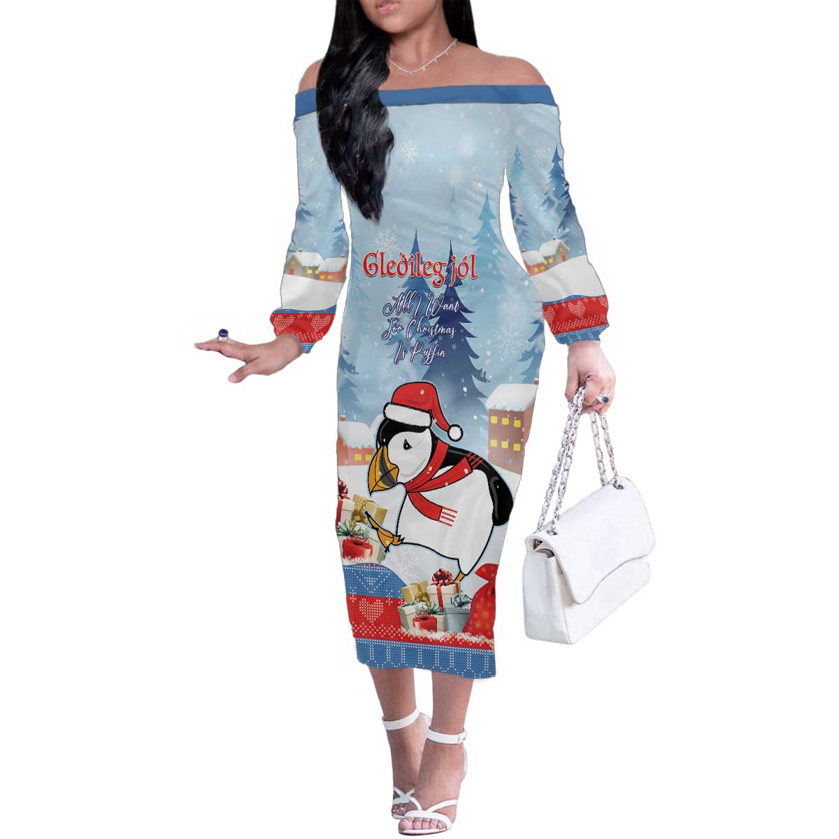 Personalised Puffin Iceland Christmas Family Matching Off The Shoulder Long Sleeve Dress and Hawaiian Shirt Merry Xmas Winter Vibes - Wonder Print Shop