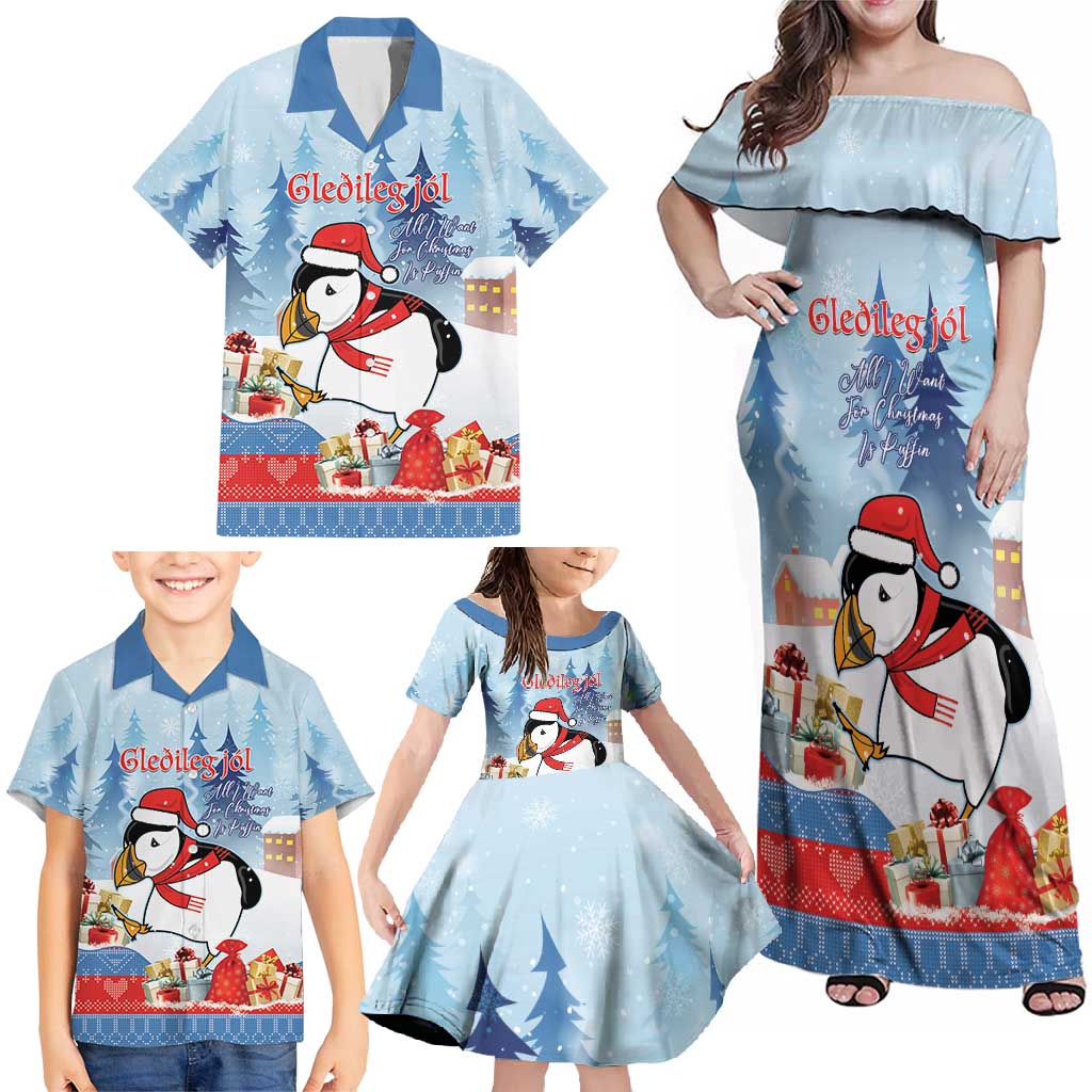 Personalised Puffin Iceland Christmas Family Matching Off Shoulder Maxi Dress and Hawaiian Shirt Merry Xmas Winter Vibes - Wonder Print Shop