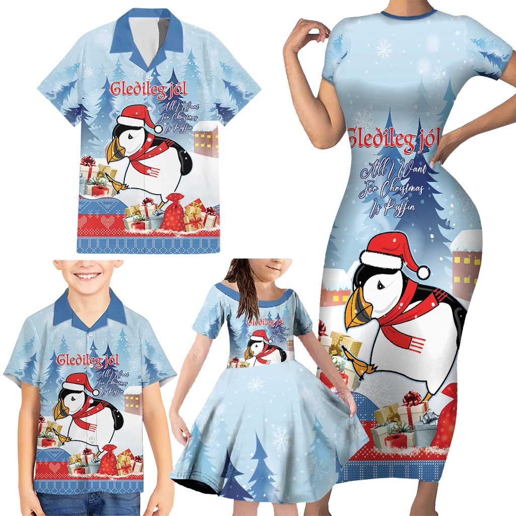 Personalised Puffin Iceland Christmas Family Matching Short Sleeve Bodycon Dress and Hawaiian Shirt Merry Xmas Winter Vibes - Wonder Print Shop