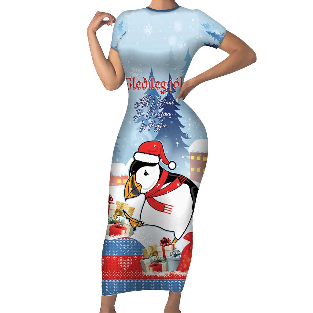 Personalised Puffin Iceland Christmas Family Matching Short Sleeve Bodycon Dress and Hawaiian Shirt Merry Xmas Winter Vibes - Wonder Print Shop