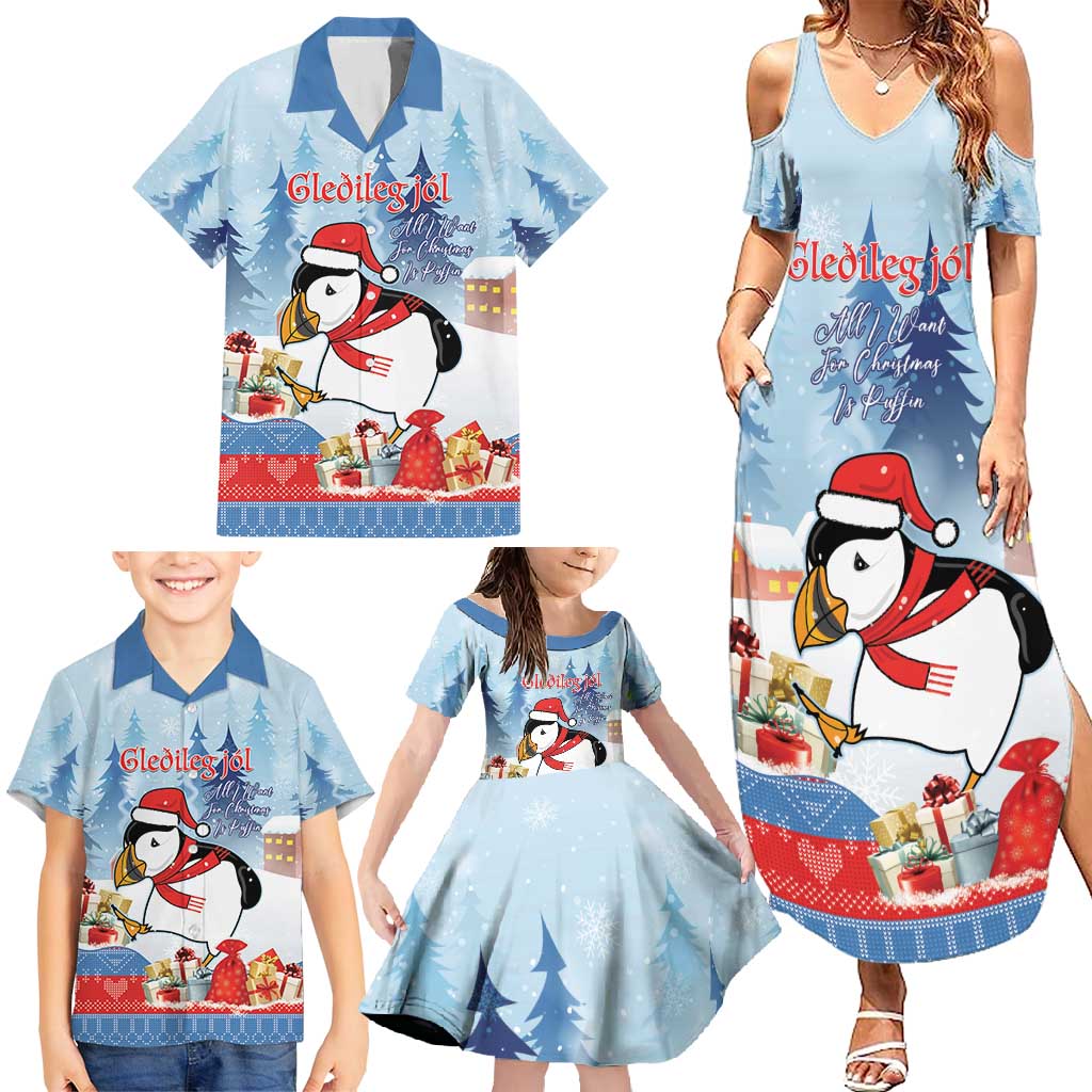 Personalised Puffin Iceland Christmas Family Matching Summer Maxi Dress and Hawaiian Shirt Merry Xmas Winter Vibes - Wonder Print Shop