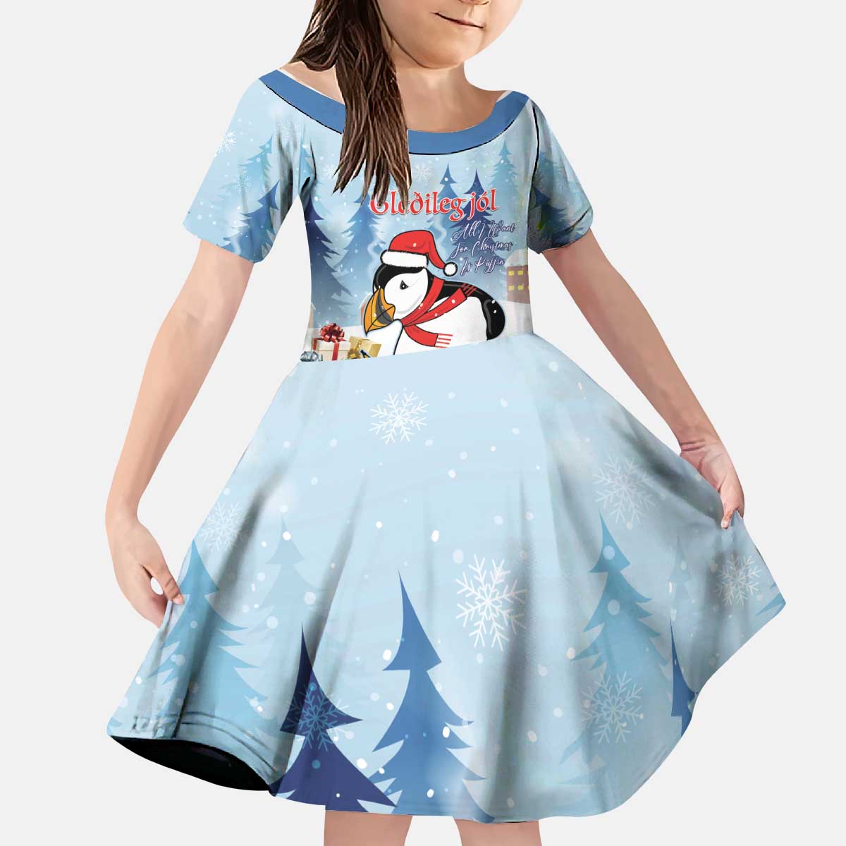 Personalised Puffin Iceland Christmas Kid Short Sleeve Dress Merry Xmas Winter Vibes - Wonder Print Shop