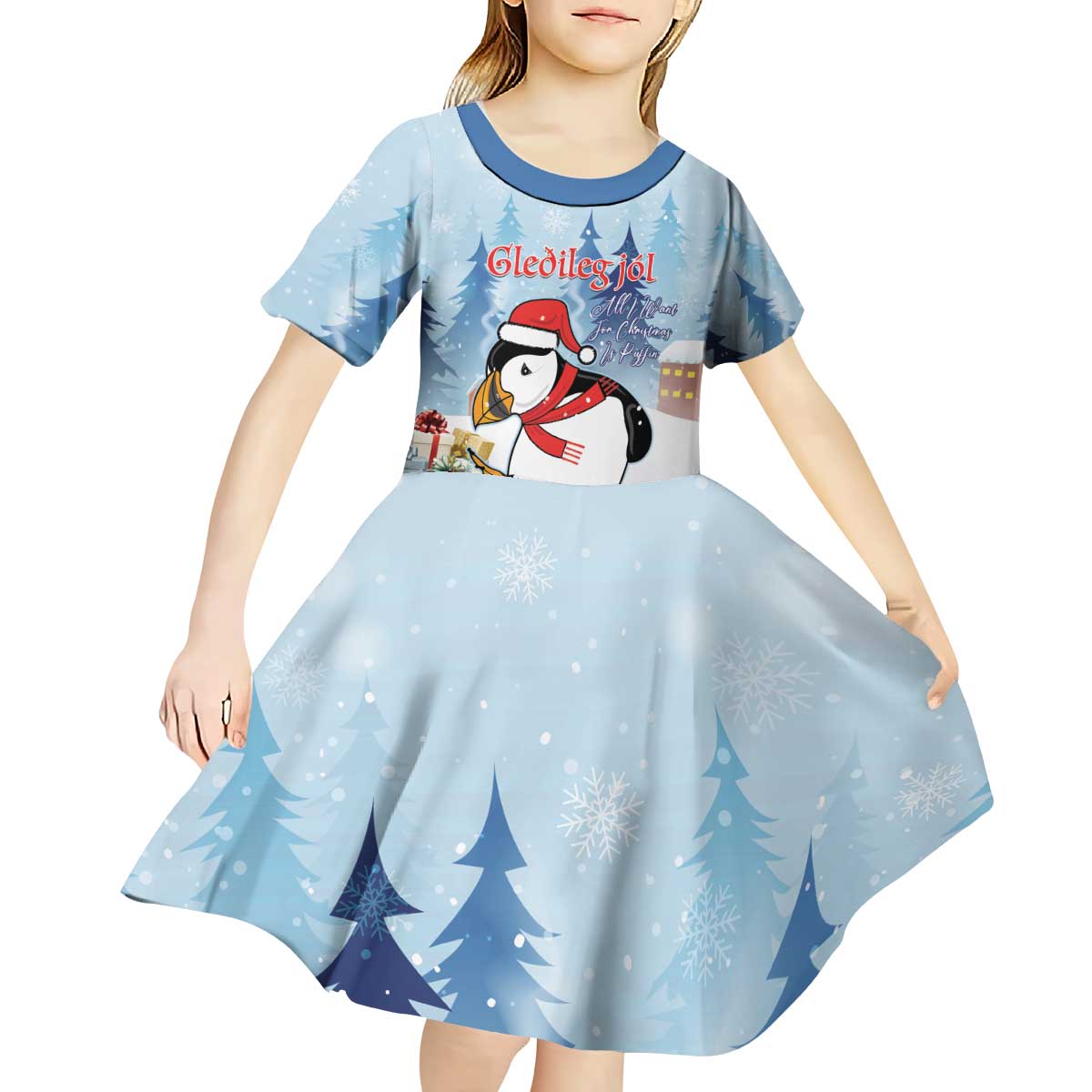 Personalised Puffin Iceland Christmas Kid Short Sleeve Dress Merry Xmas Winter Vibes - Wonder Print Shop