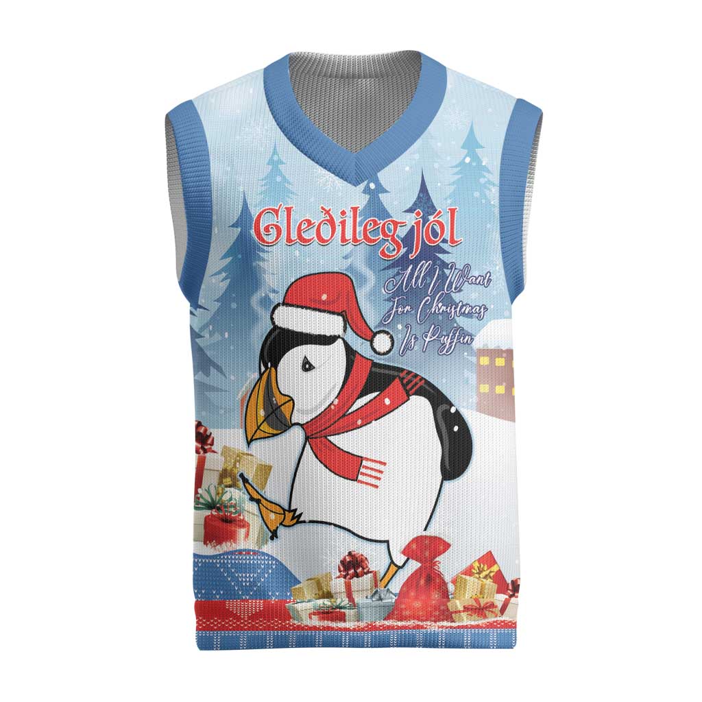 Personalised Puffin Iceland Christmas Knitted V-Neck Vest Merry Xmas Winter Vibes - Wonder Print Shop