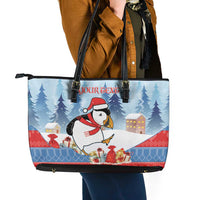Personalised Puffin Iceland Christmas Leather Tote Bag Merry Xmas Winter Vibes - Wonder Print Shop