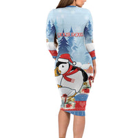 Personalised Puffin Iceland Christmas Long Sleeve Bodycon Dress Merry Xmas Winter Vibes - Wonder Print Shop