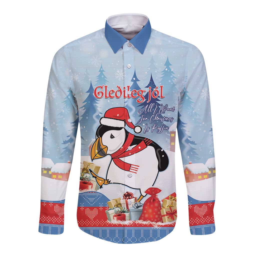 Personalised Puffin Iceland Christmas Long Sleeve Button Shirt Merry Xmas Winter Vibes - Wonder Print Shop
