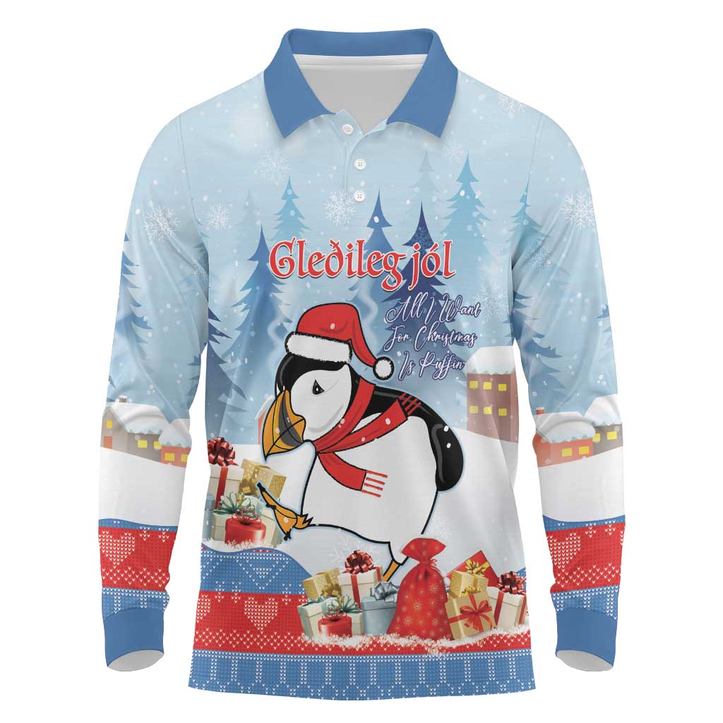Personalised Puffin Iceland Christmas Long Sleeve Polo Shirt Merry Xmas Winter Vibes - Wonder Print Shop